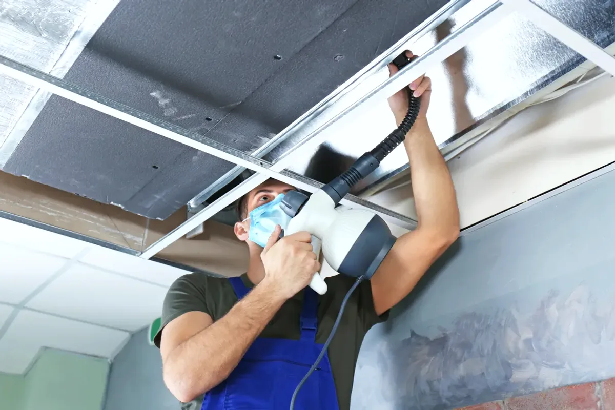 Worker in a mask cleaning a ceiling air duct with a handheld tool
