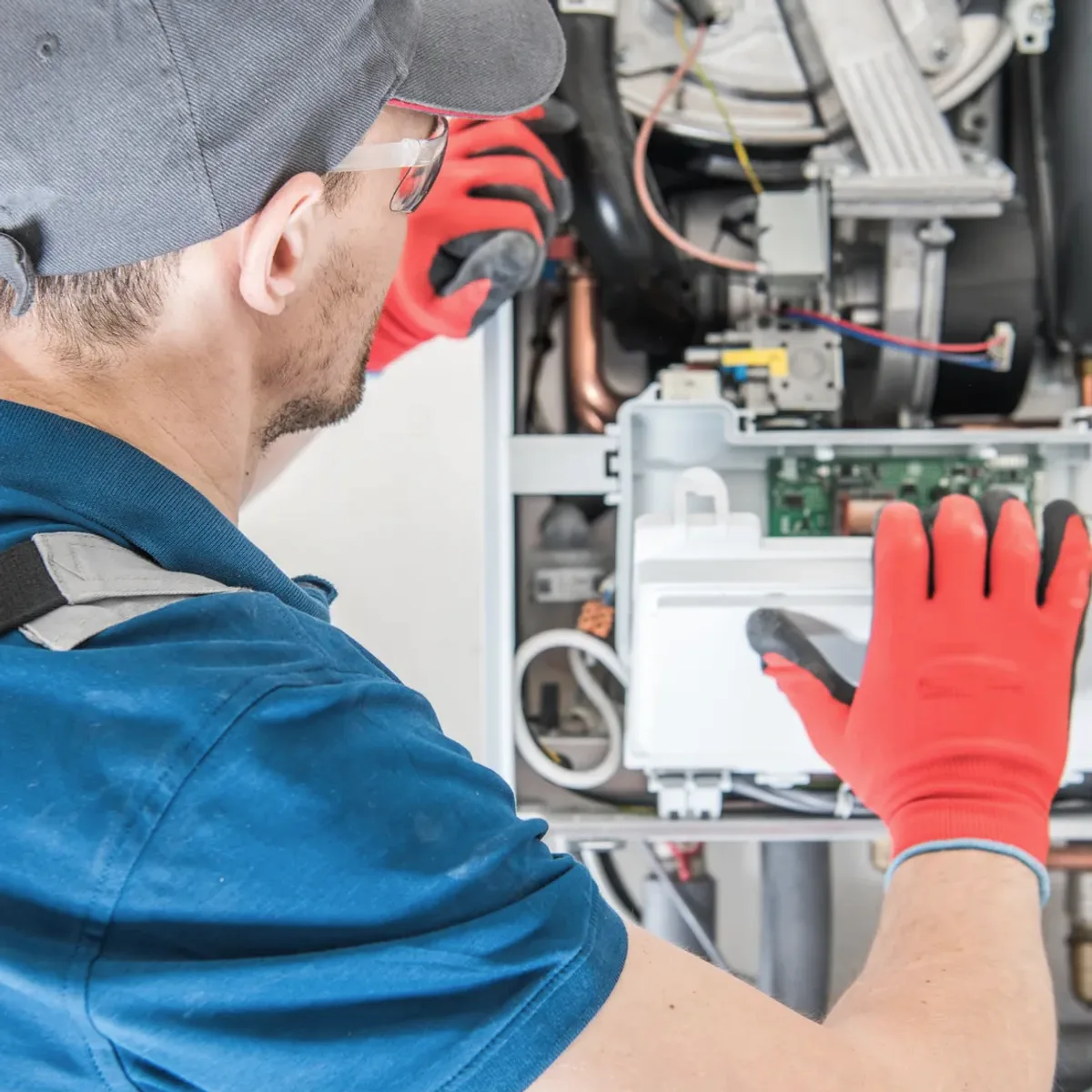 Technician in red gloves servicing a boiler's controls