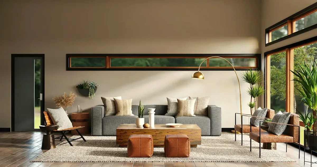 Bright living room with a grey sofa and large windows